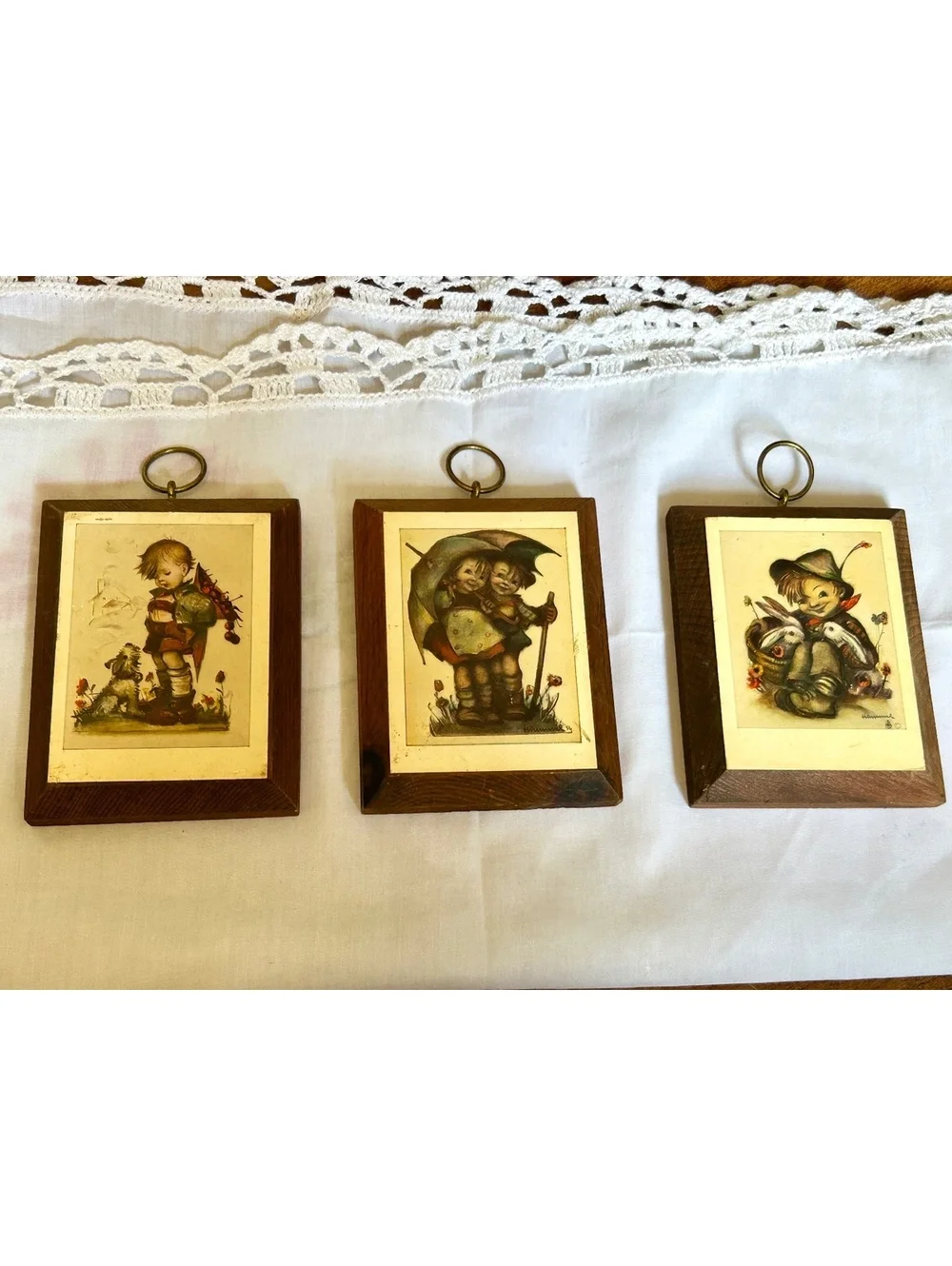 Set of 3 Vintage Wooden Framed Hummel Style Plaques